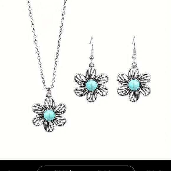 Silver Flower Necklace and Earring Set with Turquoise Accents - Picture 1 of 1
